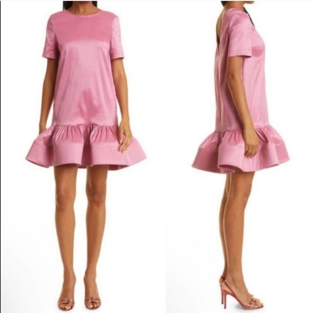 Kimberly Goldson Brianna Pink Satin Ruffle Hem Mini Dress Size XS NWT